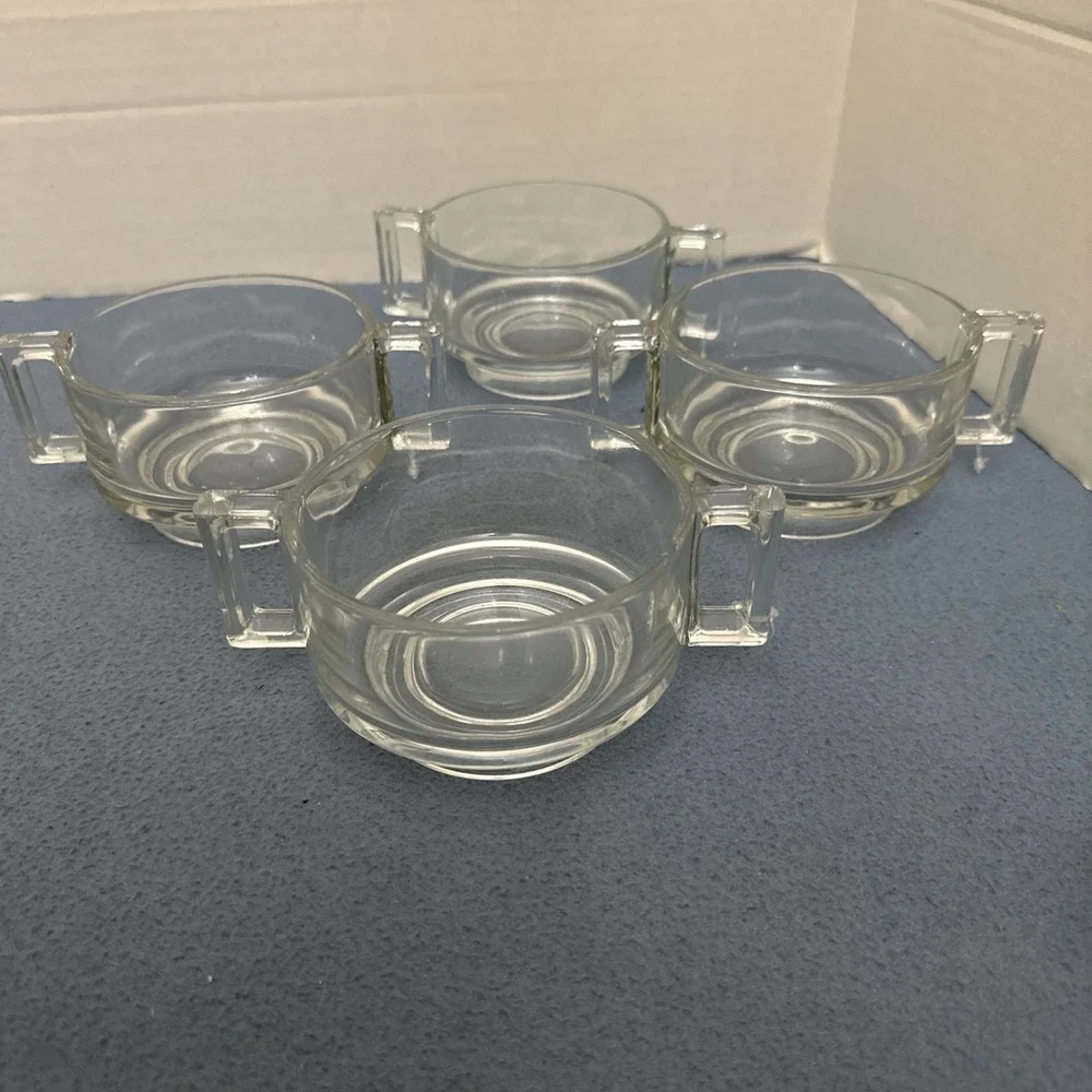 MCM Joe Colombo Arno Clear Glass Double Handled Soup Bowls from Italy - Set of 4